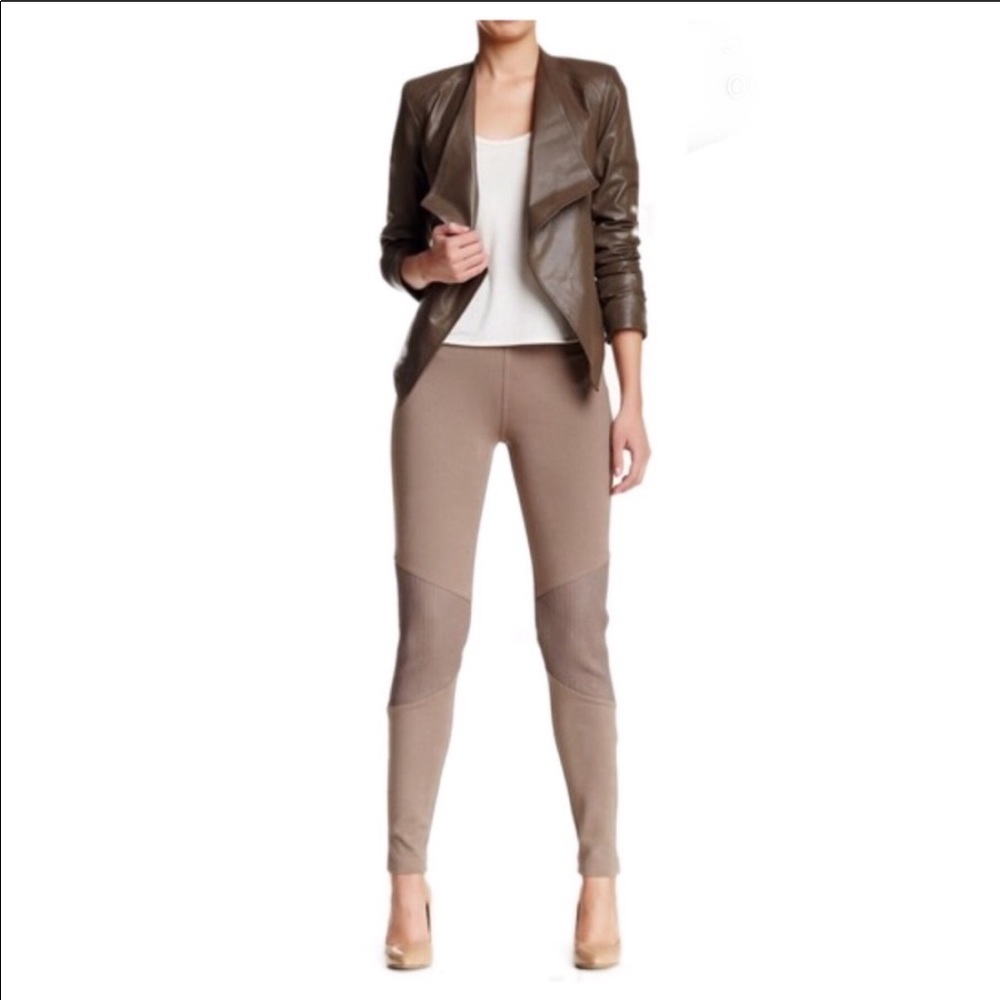 Genuine Leather Detail Taupe Moto Pants